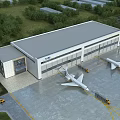 Industrial Factory Building With Aircraft On Tarmac And Metal Roof Structure