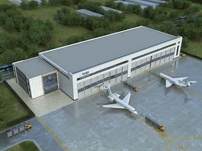Industrial Factory Building With Aircraft On Tarmac And Metal Roof Structure 3d model