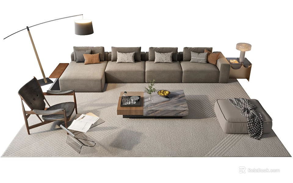 Modern Gray Sofa And Coffee Table Set With Decorative Pillows Floor Lamp And Accent Chair 3d model 
