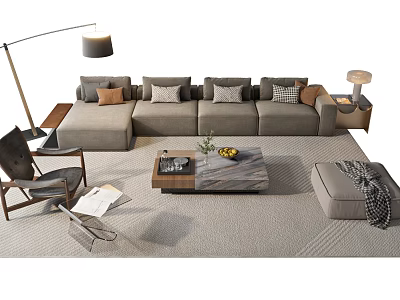 Modern Gray Sofa And Coffee Table Set With Decorative Pillows Floor Lamp And Accent Chair 3d model