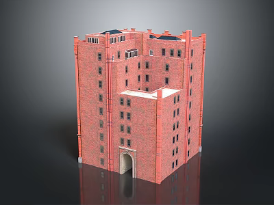 Cartoon Style Red Brick Building Multi Story Structure With Windows And Arched Entrance 3d model