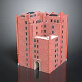 Cartoon Style Red Brick Building Multi Story Structure With Windows And Arched Entrance