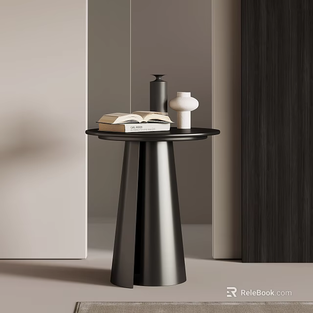 Modern Black Side Table With Conical Base And Decorative Books Vase Bottle 3d model 