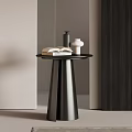 Modern Black Side Table With Conical Base And Decorative Books Vase Bottle