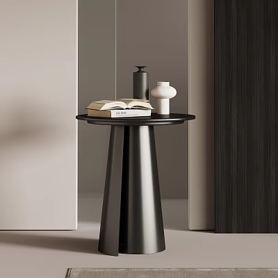 Modern Black Side Table With Conical Base And Decorative Books Vase Bottle 3d model