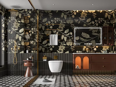 Luxury Modern Bathroom Interior With Black Gold Floral Wallpaper White Bathtub And Brown Cabinets 3d model