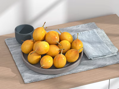 Fresh Yellow Fruits on Gray Plate with Wooden Table Gray Bowl and Gray Napkin 3d model