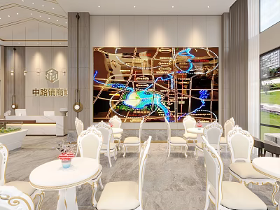 Modern Sales Office Interior Design With White Tables Chairs Large Map Wall And Marble Floor 3d model