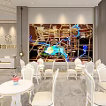 Modern Sales Office Interior Design With White Tables Chairs Large Map Wall And Marble Floor