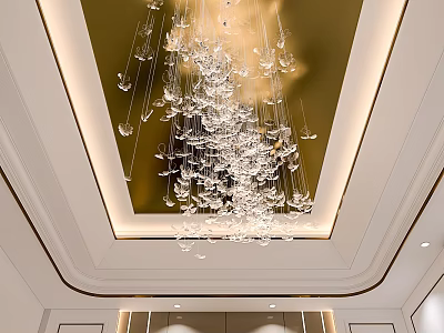 Luxurious Reception Desk Design With Crystal Chandelier And Gold Ceiling Details 3d model