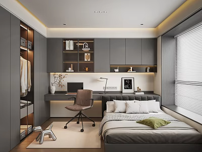 Modern Tatami Bedroom Interior Design With Desk Chair Bookshelf Storage and Blinds 3d model