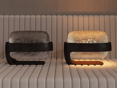 Modern Illuminated Table Lamps With Textured Glass Black Frame And Wooden Base On Striped Bench 3d model