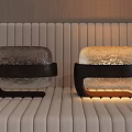 Modern Illuminated Table Lamps With Textured Glass Black Frame And Wooden Base On Striped Bench
