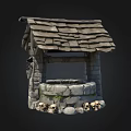 Traditional Stone Well Structure With Wooden Roof And Surrounding Stones