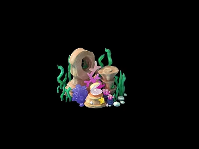 Underwater Marine Scene With Rock Seaweed Starfish Shell Coral And Pebbles 3d model