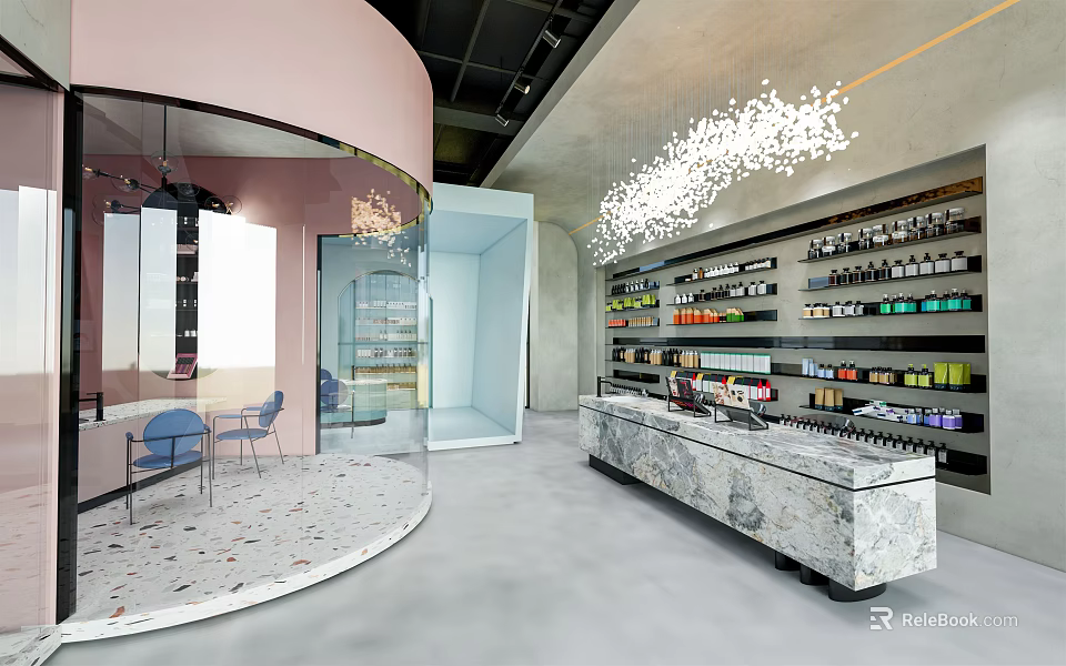 Modern Boutique With Circular Interior Design Marble Counter Chandelier Product Shelves And Seating 3d model 