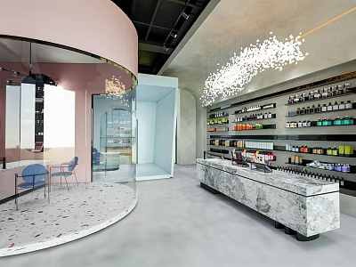 Modern Boutique With Circular Interior Design Marble Counter Chandelier Product Shelves And Seating 3d model