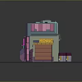 Two Story Mechanic Storefront Building With Yellow Awning Pink Windows And Purple White Buckets