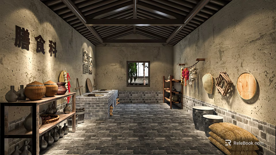 Traditional Chinese Food Storage Room With Woven Baskets Earthen Jars And Wooden Beam Ceiling 3d model 