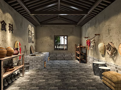 Traditional Chinese Food Storage Room With Woven Baskets Earthen Jars And Wooden Beam Ceiling 3d model