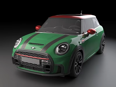 Green MINI Car with Red Roof Black Stripes Red Side Mirrors and Black Wheels 3d model