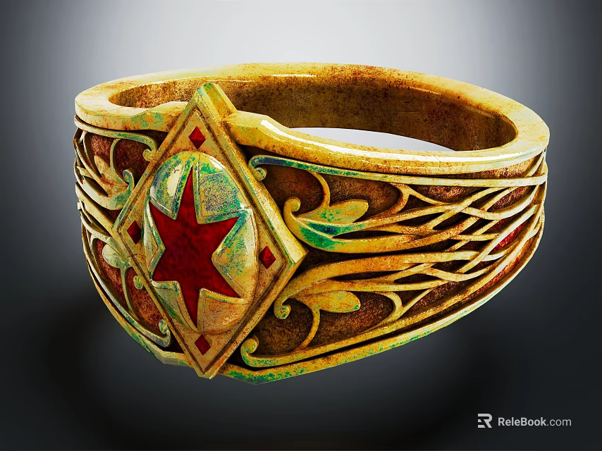 Vintage Gold Jewelry Bracelet Featuring Red Star Gem Green Enamel And Intricate Carvings 3d model 