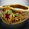 Vintage Gold Jewelry Bracelet Featuring Red Star Gem Green Enamel And Intricate Carvings