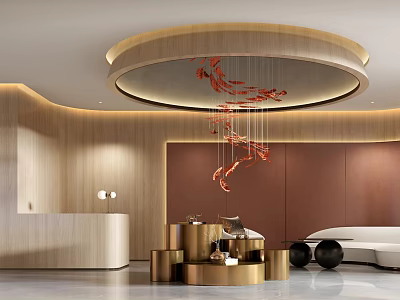 Elegant Modern Hotel Lobby Interior Design With Hanging Chandelier And Reception Desk Decor 3d model