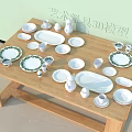 Complete Ceramic Dinnerware Set with White Green Patterns Displayed on Wooden Table for Household Use 3d model