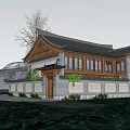 Traditional Chinese Style Rural Self Built House By Water With Stone Wall And Green Plants