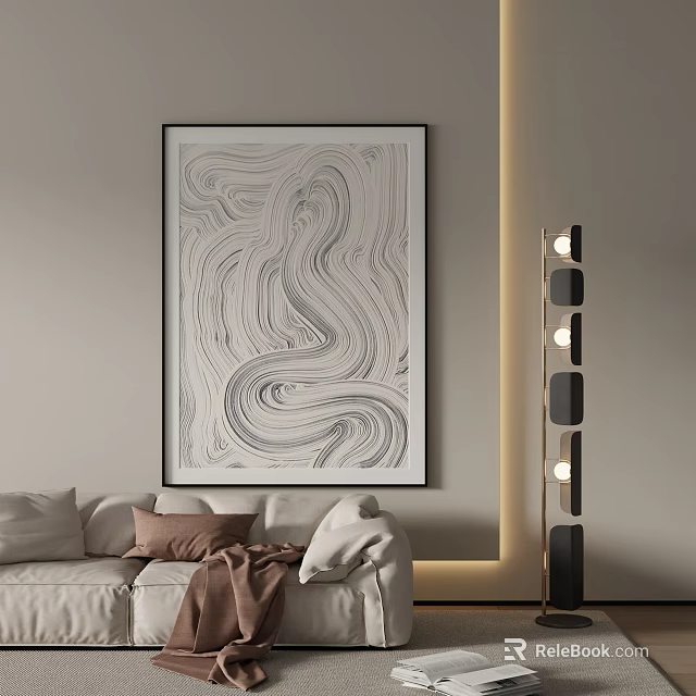 Wavy Black and White Landscape Painting Hanging on Wall with Sofa and Floor Lamp 3d model 