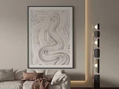 Wavy Black and White Landscape Painting Hanging on Wall with Sofa and Floor Lamp 3d model