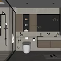Modern Bathroom Interior With Glass Shower Toilet Vanity Mirror And Ambient Lighting