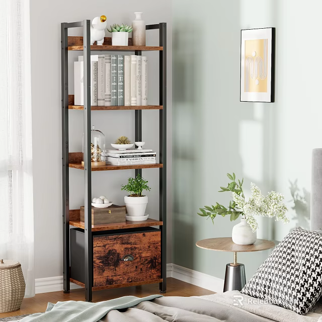 Multi Tiered Wooden And Metal Bookshelf With Books Decorative Plants And Side Table 3d model 