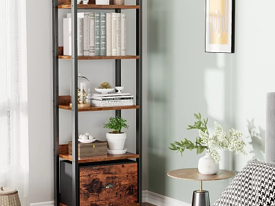 Multi Tiered Wooden And Metal Bookshelf With Books Decorative Plants And Side Table 3d model