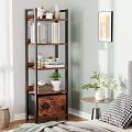 Multi Tiered Wooden And Metal Bookshelf With Books Decorative Plants And Side Table