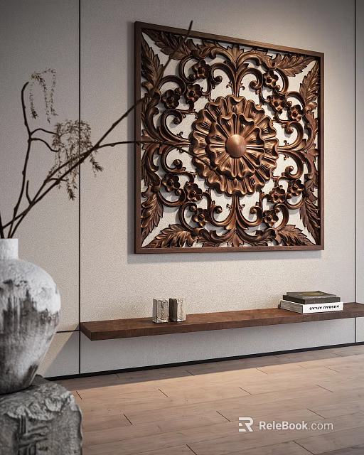 Decorative Carved Wooden Wall Cabinet with Shelf Books Vase in Modern Interior 3d model 