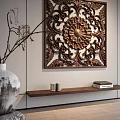 Decorative Carved Wooden Wall Cabinet with Shelf Books Vase in Modern Interior