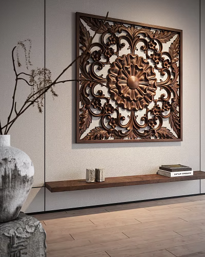 Decorative Carved Wooden Wall Cabinet with Shelf Books Vase in Modern Interior 3d model