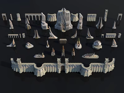 Fantastic Style Architecture Mythical Temple City Wall Gate Golden Church Alien Corridor Nordic House 3d model