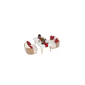 Wooden Table And Chair Set With White Tablecloth Red Stripes Cake Flowers And Wine Glasses