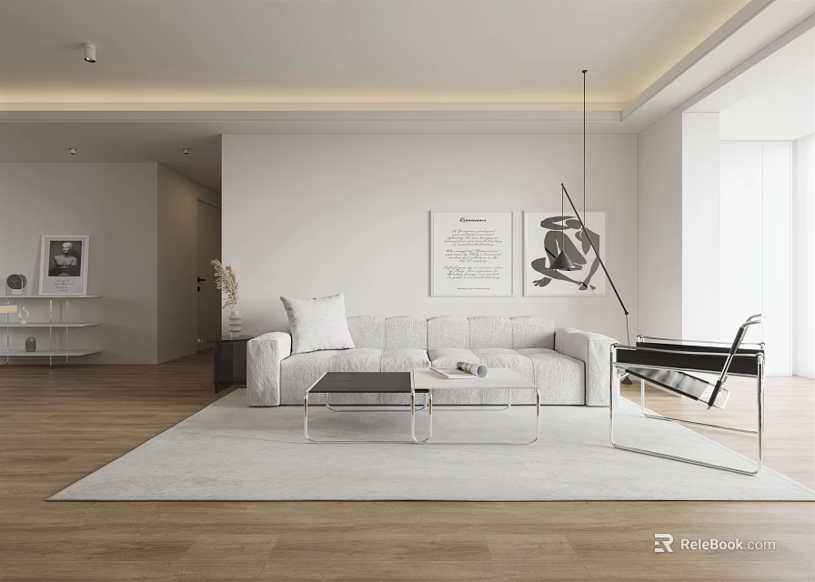 Modern Living and Dining Room Interior With Open Concept Sofa Coffee Table and Artwork 3d model