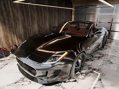 Sleek Black Convertible Sports Car In Modern Garage With Wooden Walls And Metal Shutters 3d model