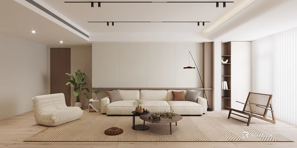 Modern Minimalist Living and Dining Room Interior With Beige Sofa Floor Lamp And Green Plant 3d model 
