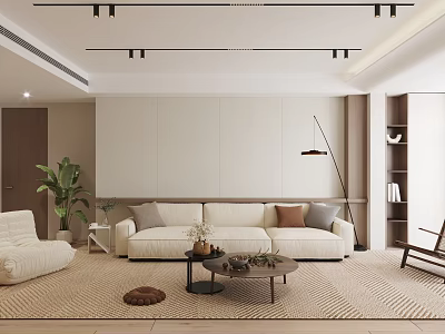 Modern Minimalist Living and Dining Room Interior With Beige Sofa Floor Lamp And Green Plant 3d model