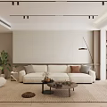 Modern Minimalist Living and Dining Room Interior With Beige Sofa Floor Lamp And Green Plant