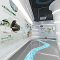 Tech Exhibition Hall With Curved Screen Showing Natural River And Green Mountains