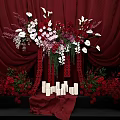 Stunning Wedding Decoration On Black Stage With Red Curtains White Flowers And Candles