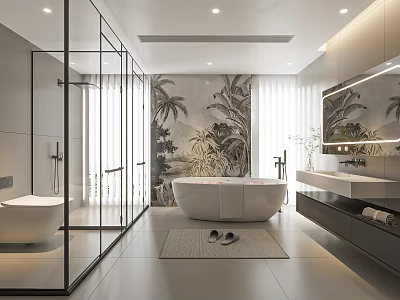 Modern Bathroom Interior Design With Freestanding Bathtub Glass Shower Vanity And Tropical Mural 3d model