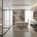 Modern Bathroom Interior Design With Freestanding Bathtub Glass Shower Vanity And Tropical Mural